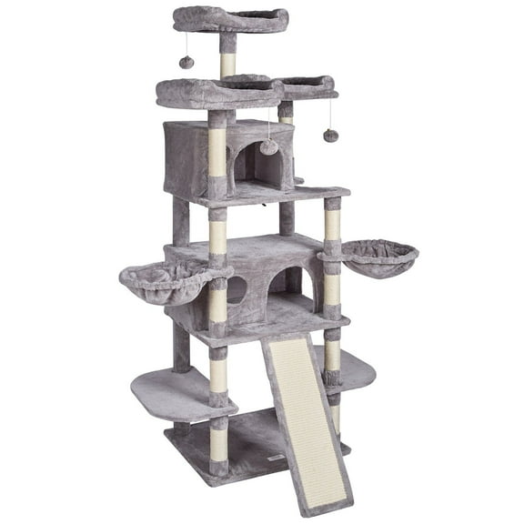 68.5" Tall Cat Tree Tower with 2 Condos, Scratching Posts, Perches, Plush Ramp & Dangling Toy for Indoor Cats