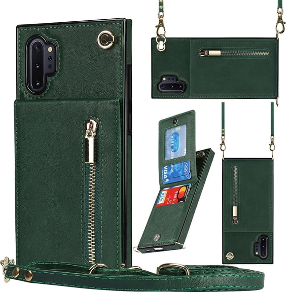 Crossbody Wallet Case for Samsung Galaxy Note 10 with Card Holders RFID Shockproof Cover, Back Magnetic Flip Kickstand Zipper Slot Case, PU Leather Cover Handbag Shoulder Strap Phone Case,Green