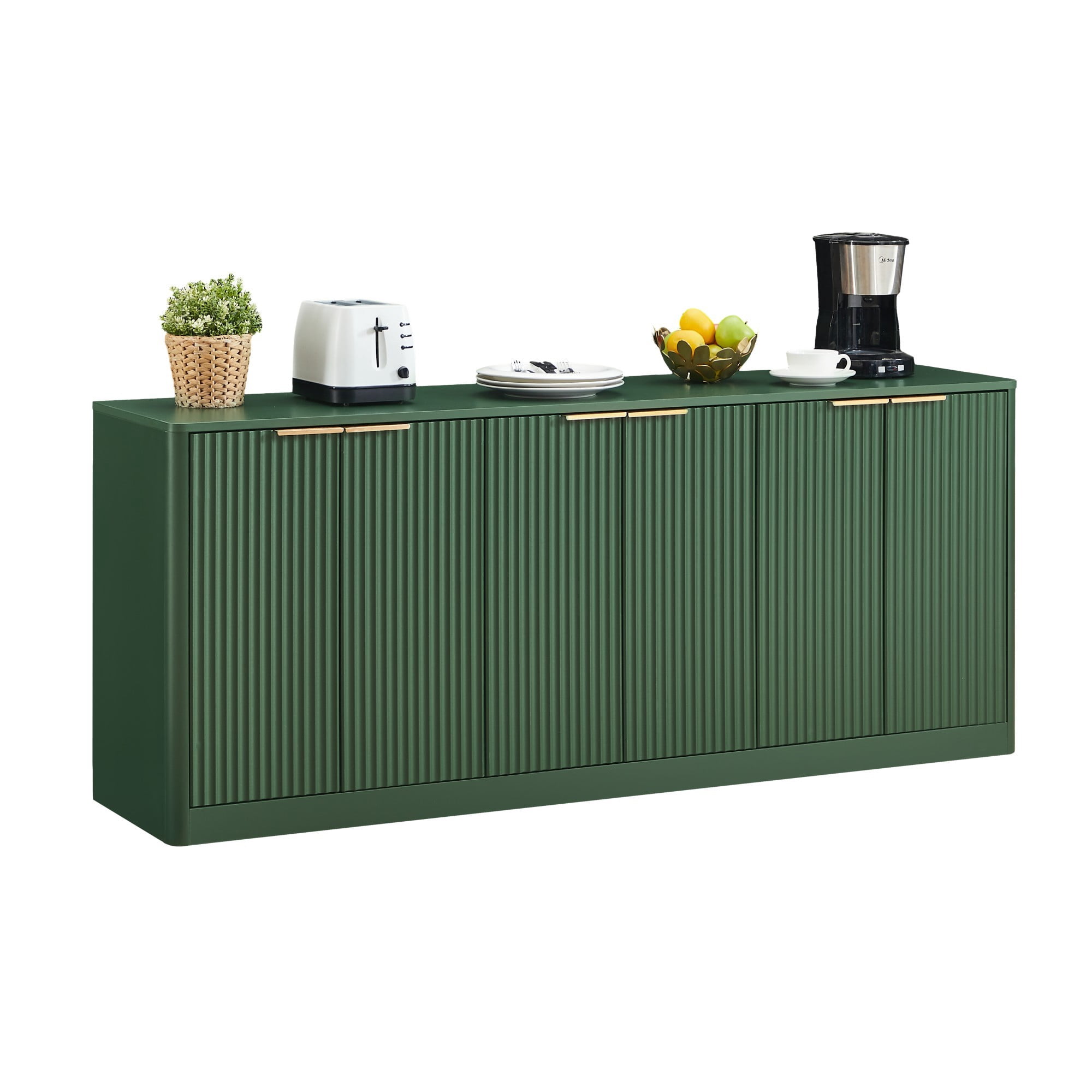 67" Modern Wavy Sideboard Cabinet, 6-Door Curved Storage Cabinet, Large TV Stand Buffet Console for Living Room Kitchen, Green