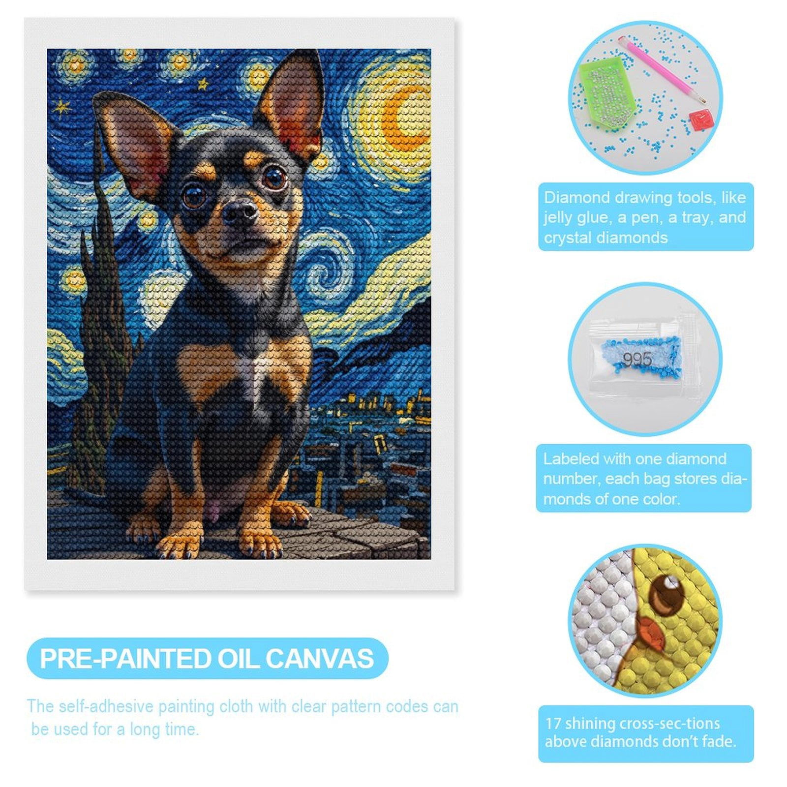 Diamond Art Kits for Adults - Miniature Dog Starry Night Fusion 5d Diamond Painting for Adults, Diamond Art for Adults Beginners, Frameless Diamond Painting Kits for Adults for Home Wall Decor