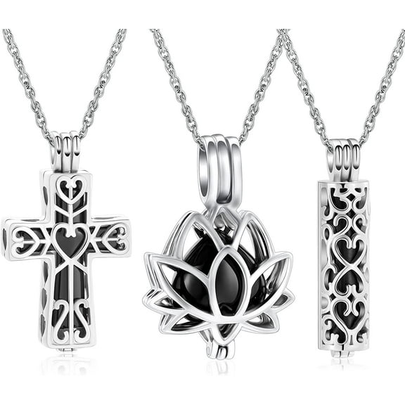 3 Pack Cross & Heart & Lotus Cremation Urn Necklace for Ashes Cross Cylinder Urn Keepsake Jewelry for Ashes Loved One Memorial Keepsake Pendant