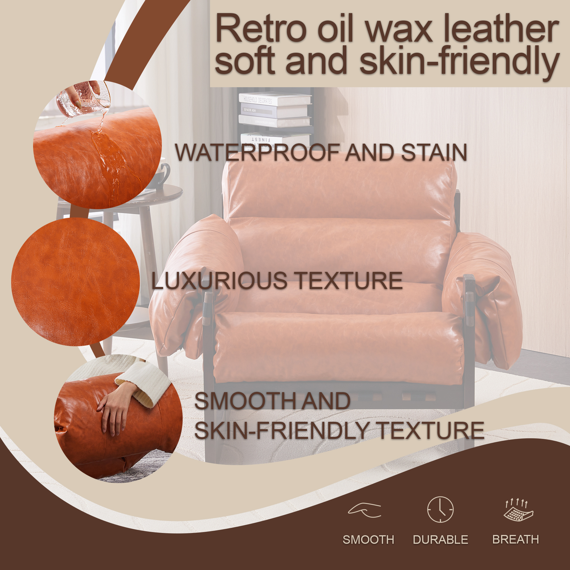 Modern Accent Chair, Upholstered Oil Waxed Leather Armchair with Thick Cushion, Removable Armrests, Single Sofa for Living Room, Bedroom, Office,Retro Orange