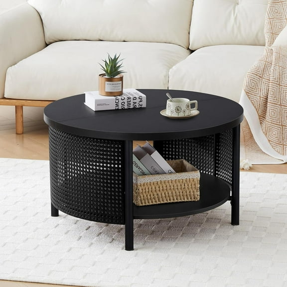 AVZEAR 31.5" Round Coffee Table for Living Room, 2-Tiered Iron Rattan Center Table Mid Century Modern Coffee Table with Storage, Wooden Circle Coffee Tables for Home, Office, Cafe,Black