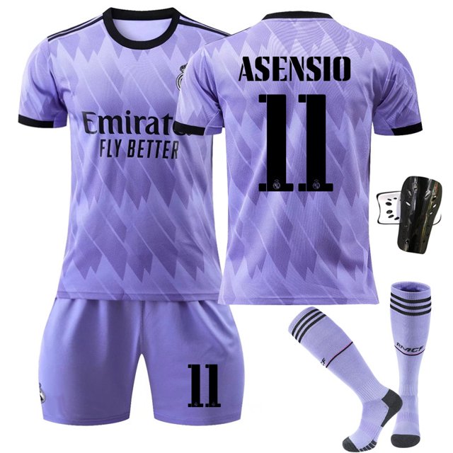 Traje de fútbol visitante del estadio del Real Madrid, color morado, n.° 11, con calcetines y equipo de protección, talla infantil 22