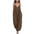 thumbnail image 3 of VBVC Women's Cotton-Linen Spaghetti Strap Jumpsuit,Adjustable Zipped Overall For Women,Ladies Summer Vacation Baggy Long Rompers with Pockets,Coffee,S-2XL, 3 of 6