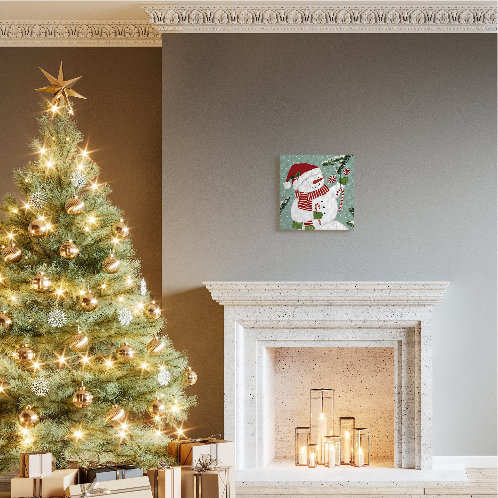 Candy Cane Snowman Peppermint Winter Ornaments Holiday Gallery-Wrapped Canvas Print Wall Art, 17x17