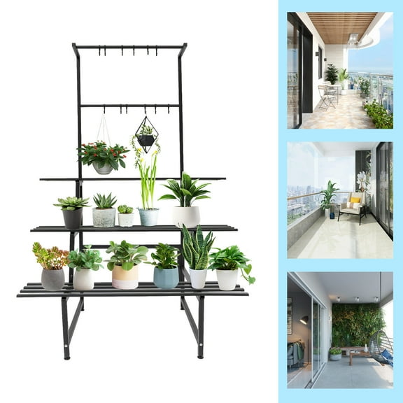 Miumaeov 3 Tier 100cm Plant Stand with Hanging Rods Metal Potted Plant Holder Foyers Flower Display Shelf