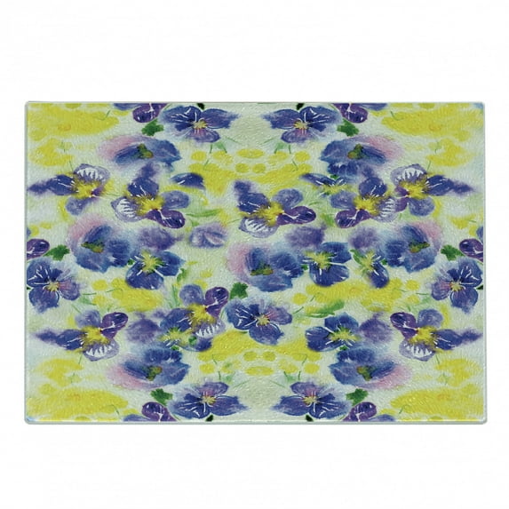 Watercolor Flower Cutting Board, Butterfly Violet Field Garden in Vivid Colors Nature Environment Print, Decorative Tempered Glass Cutting and Serving Board, Small Size, Yellow Purple, by Ambesonne