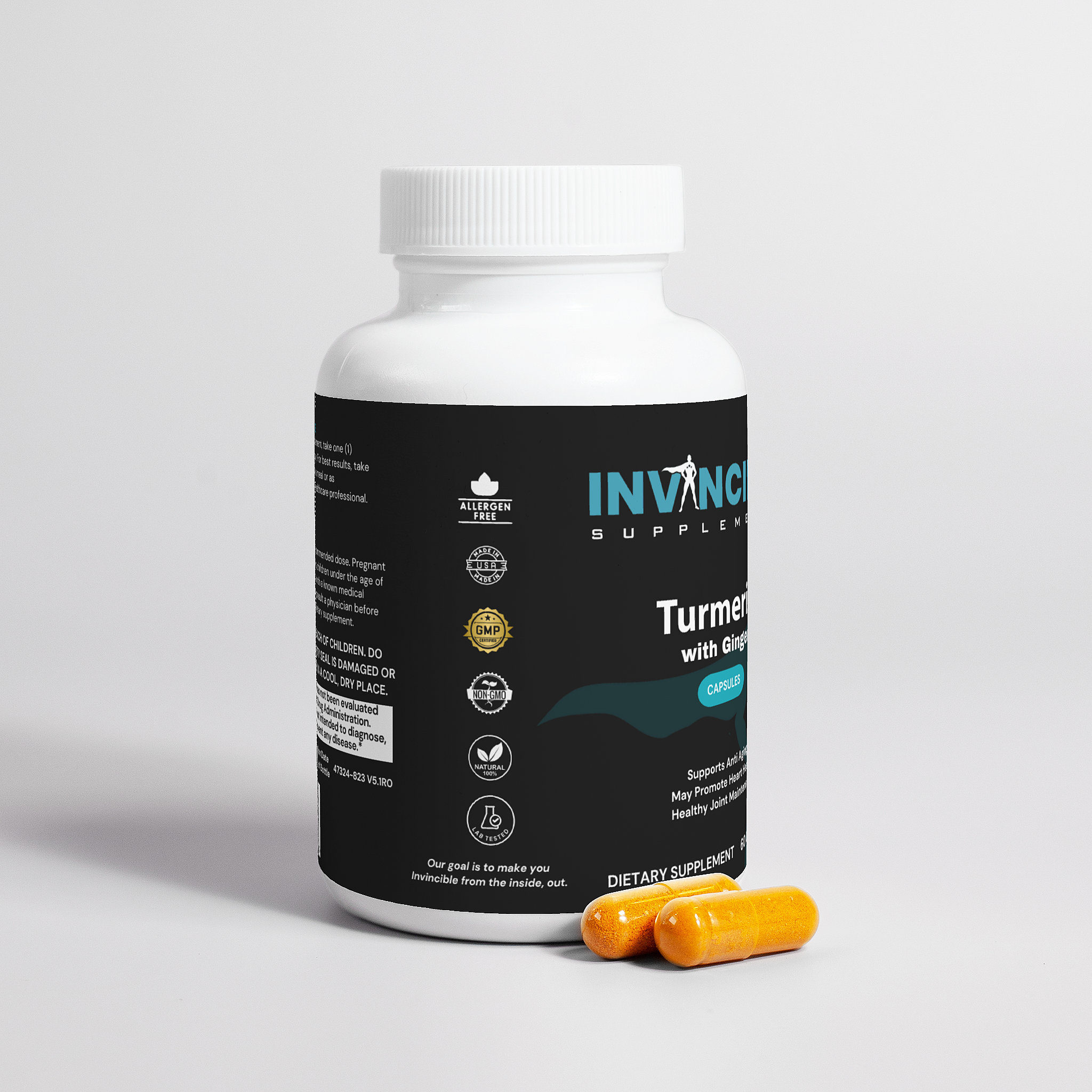Invincible Turmeric & Ginger Capsules - Organic Turmeric 500 mg, Organic Ginger Extract 100 mg, BioPerine 5 mg - Allergen-Free, Non-GMO, GMP-Certified Dietary Supplement