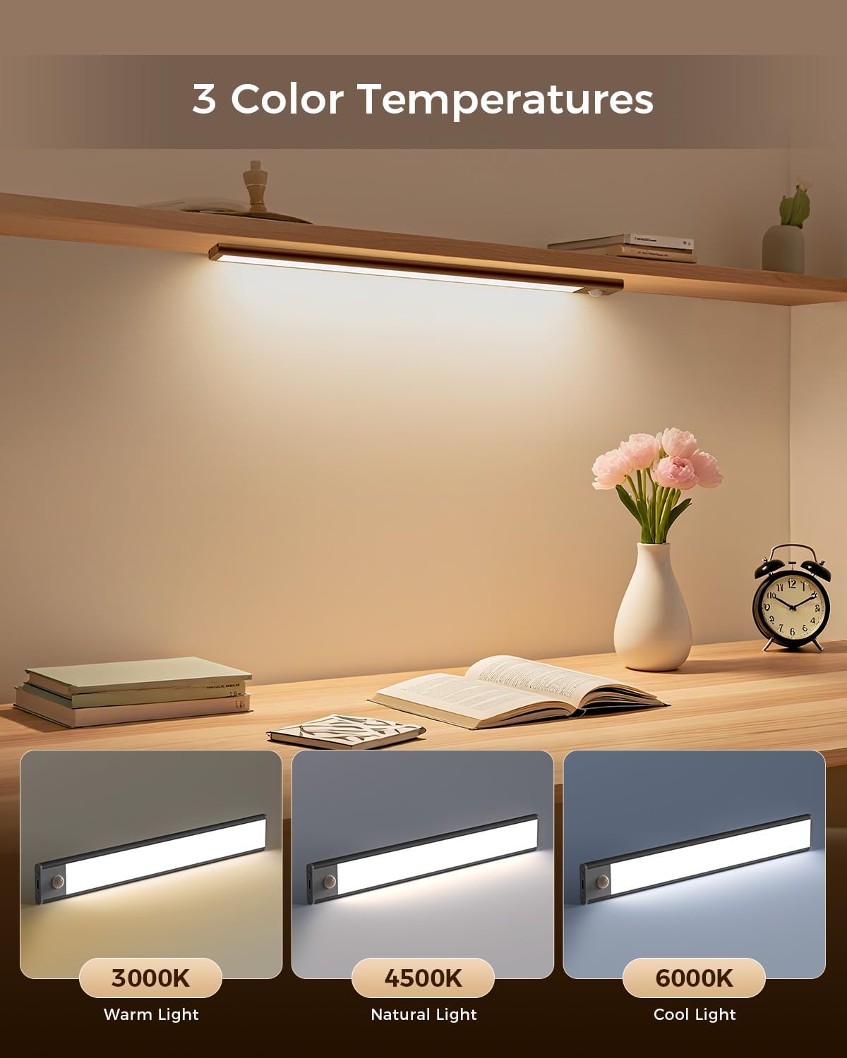 11.8in Motion Sensor Cabinet Light, 2 Pack Under Cabinet Lighting with 4 Modes (Auto Night/Day/Always On/Off), 3 CCT & Stepless Dimming, USB Type-C Charging, for Kitchen, Stairs