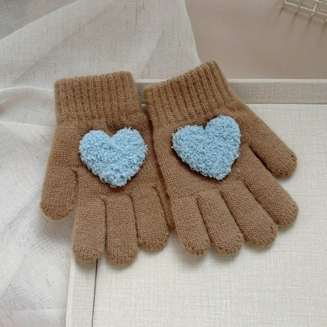 YUNAFFT Kids Solid Color Finger Gloves Heart Design Outdoor Warmth Playful Style