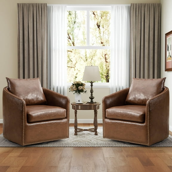 Bonzy Home Swivel Accent Chair Set of Two with Throw Pillow Mid Century Faux Leather Modern Armchair for Living Room and Bedroom