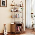 thumbnail image 4 of Tall Vinyl Record Player Stand, 4 Tier Arched Bookshelf with Sliding Doors, Retro Small Record Storage Cabinet, Fluted Media Display Shelf, Mid Century Modern Turntable Stand for Living Room, Walnut, 4 of 7