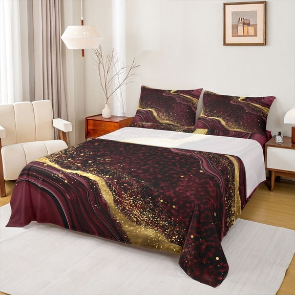 Homewish Fulid Striped Artistic Twin Sheet Sets,Marble Texture Pattern Twin Fitted Sheet,Red Gold Black Flat Sheet For Men Women,Breathable Home Decor,3 Pieces