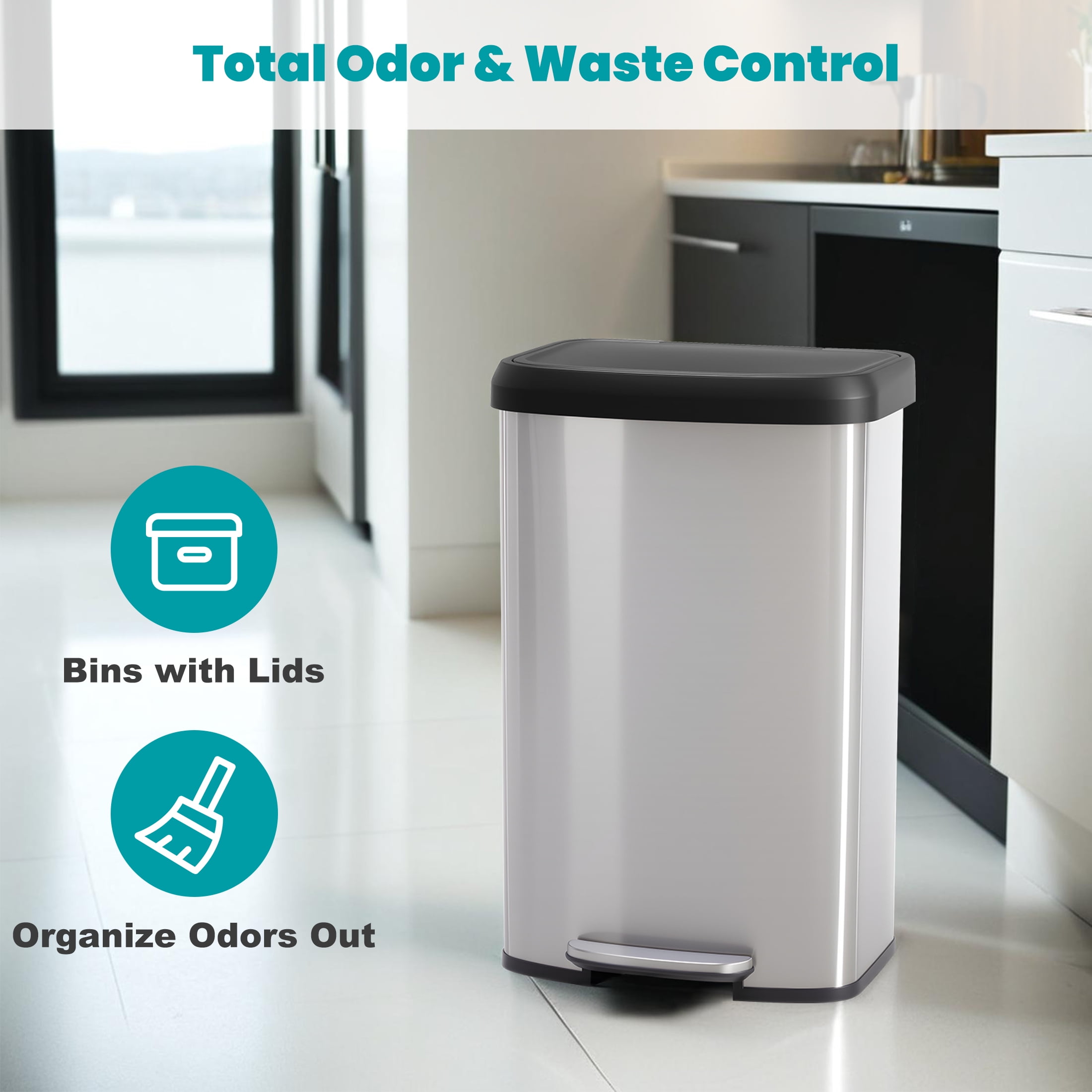 EDX 21.13 Gallon Lidded Recycling Bin, Pedal-Operated Trash Can, Stainless Steel, Silver
