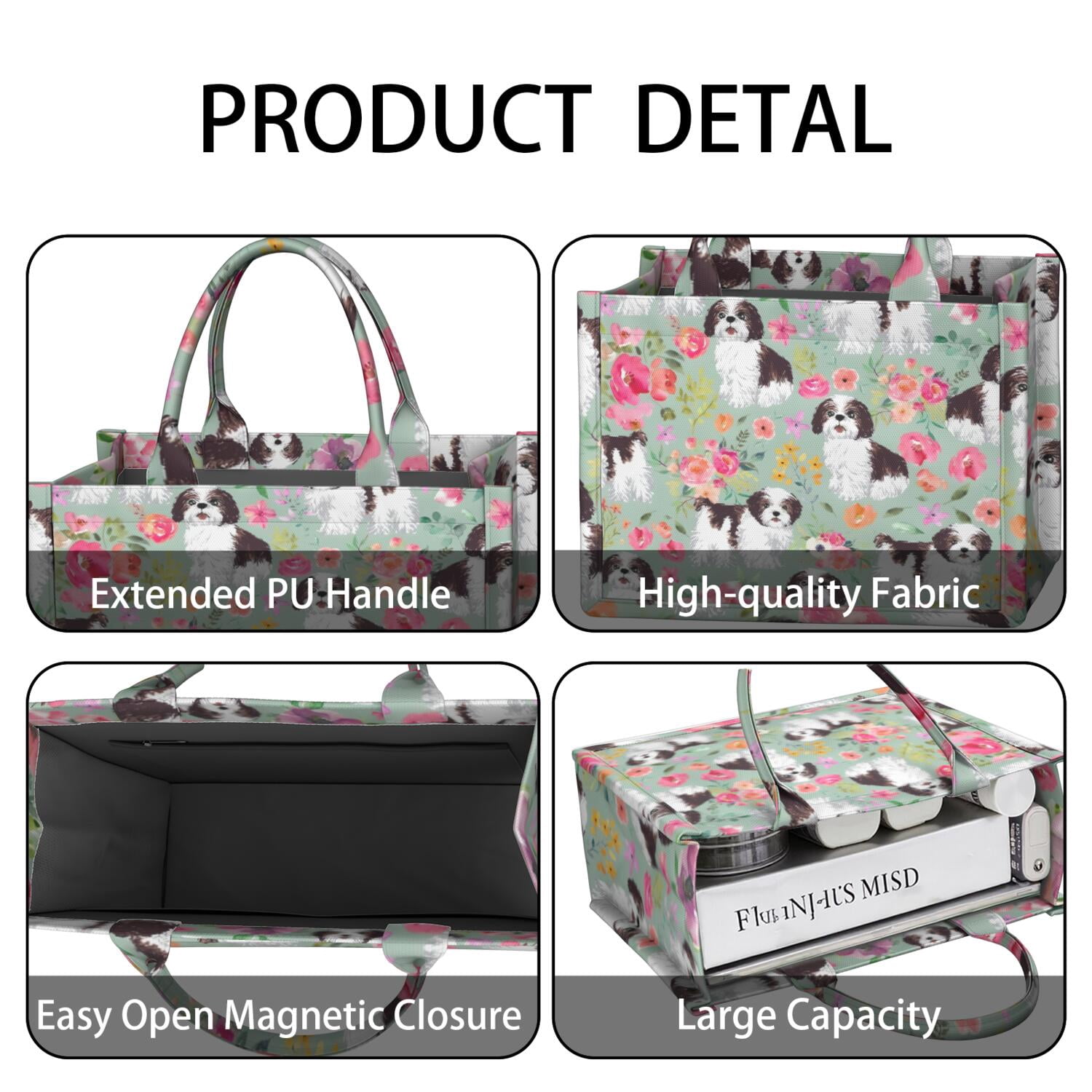 Large Capacity Tote Bag,Shih Tzu Dog and Flower Floral Handbag Fashion Luxury Tote Bag,15.7"x13"x 5.1" Inches,Laptop Compatible