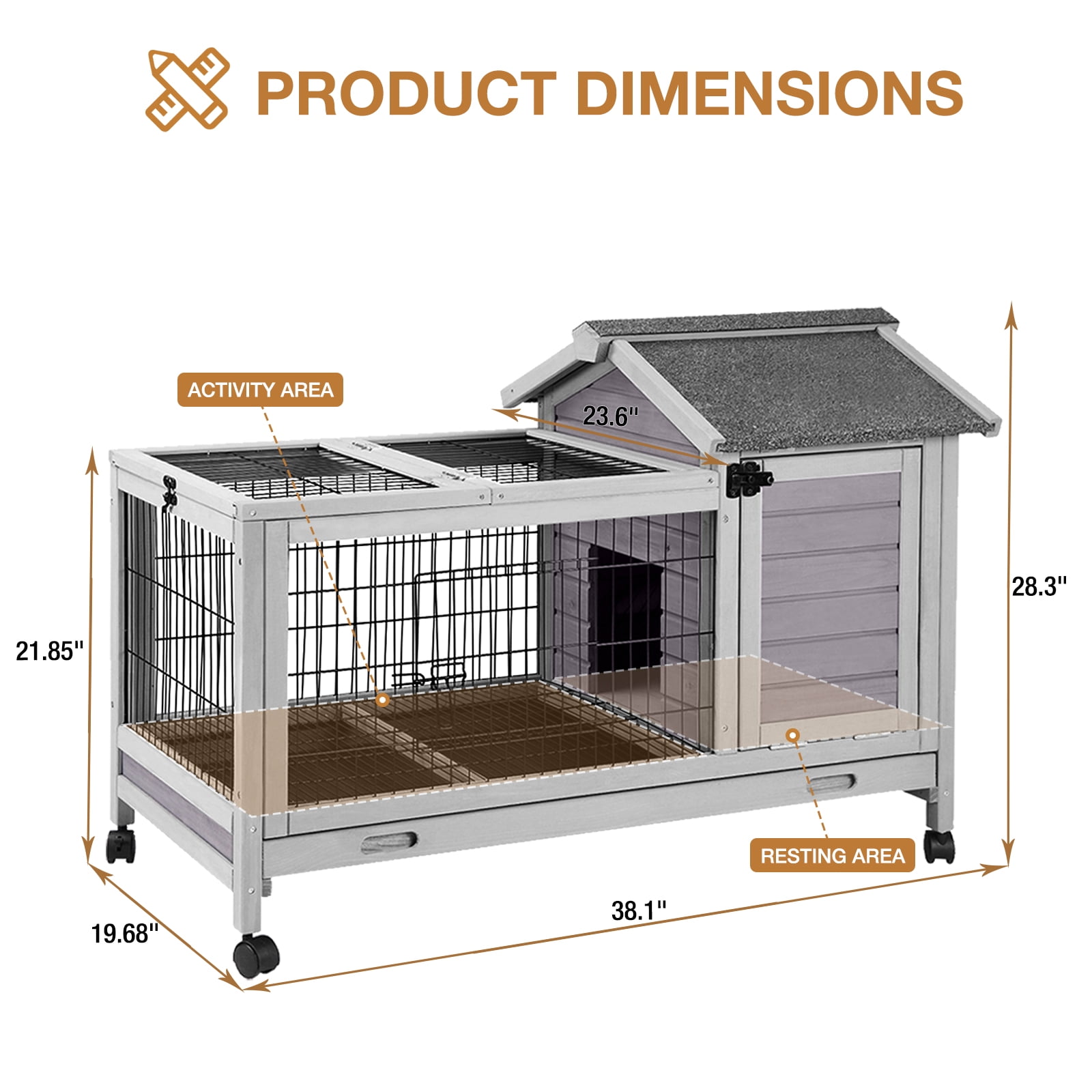 MEDEHOO Rabbit Cage with Wheels Bunny Hutch w/ Leak-Proof Tray, Rabbit Hutch for Outdoor and Indoor with Rest and Activity Area