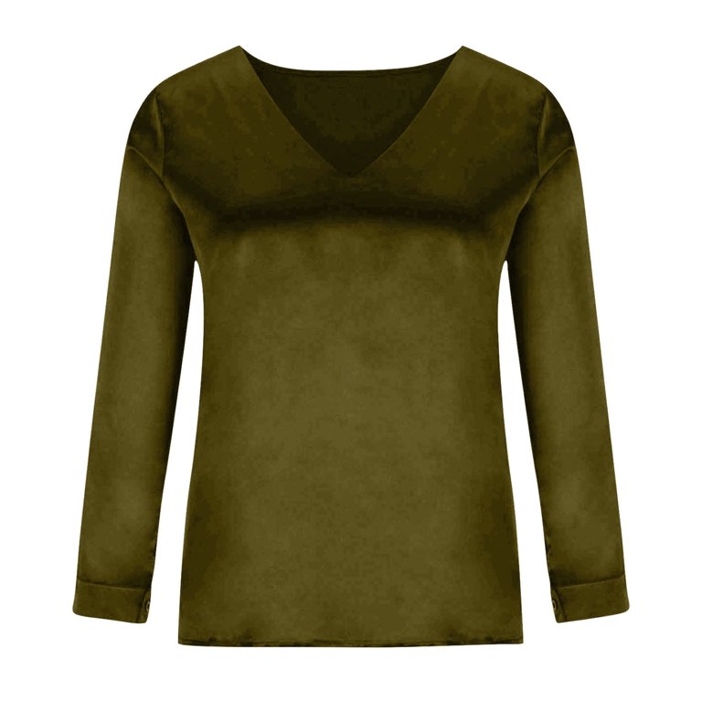 Dasayo Womens Tops Long Sleeve Women\'s Satin Socket V-Neck Solid-Color  Commute Long Sleeve Blouses Shirt Tops