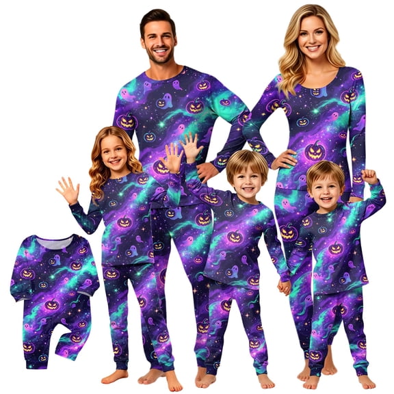 Halloween Family Pajamas Set Long Sleeve Crew Neck, Soft Matching Halloween Pajamas with Galaxy Ghost Print, Cute Family Halloween Pajama Set for Party