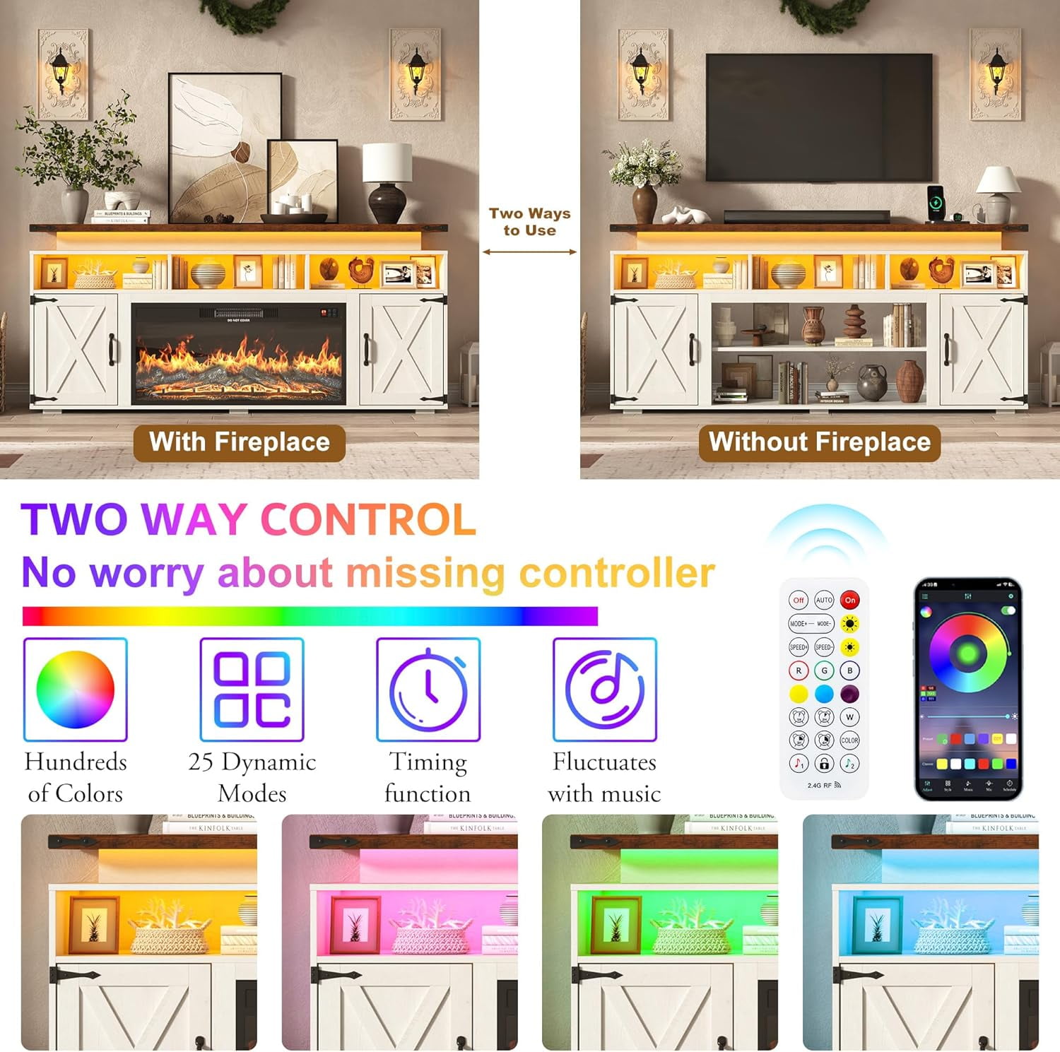 ChVans 70.8" Farmhouse Fireplace TV Stand for TVs up to 80" with 36" Electric Fireplace, 32" Tall Entertainment Center with Power Outlet/LED Lights, Media Console w/Sliding Barn Door for Living Room