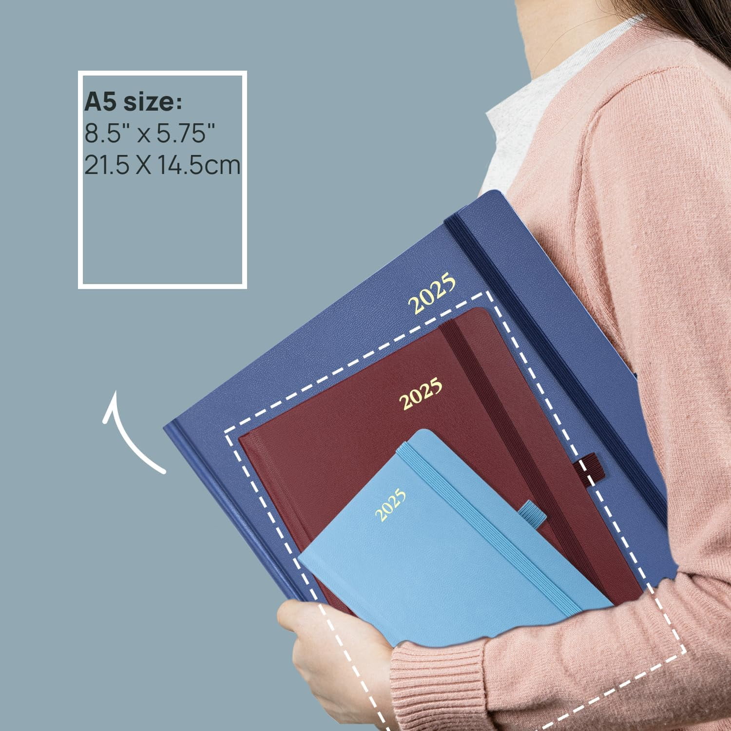 POPRUN 2025 Daily Planner A5-5.5" x 8.5" Planners & Appointment Book, Hardcover with Storage Pocket, Monthly Tabs, Pen Holder - Burgundy