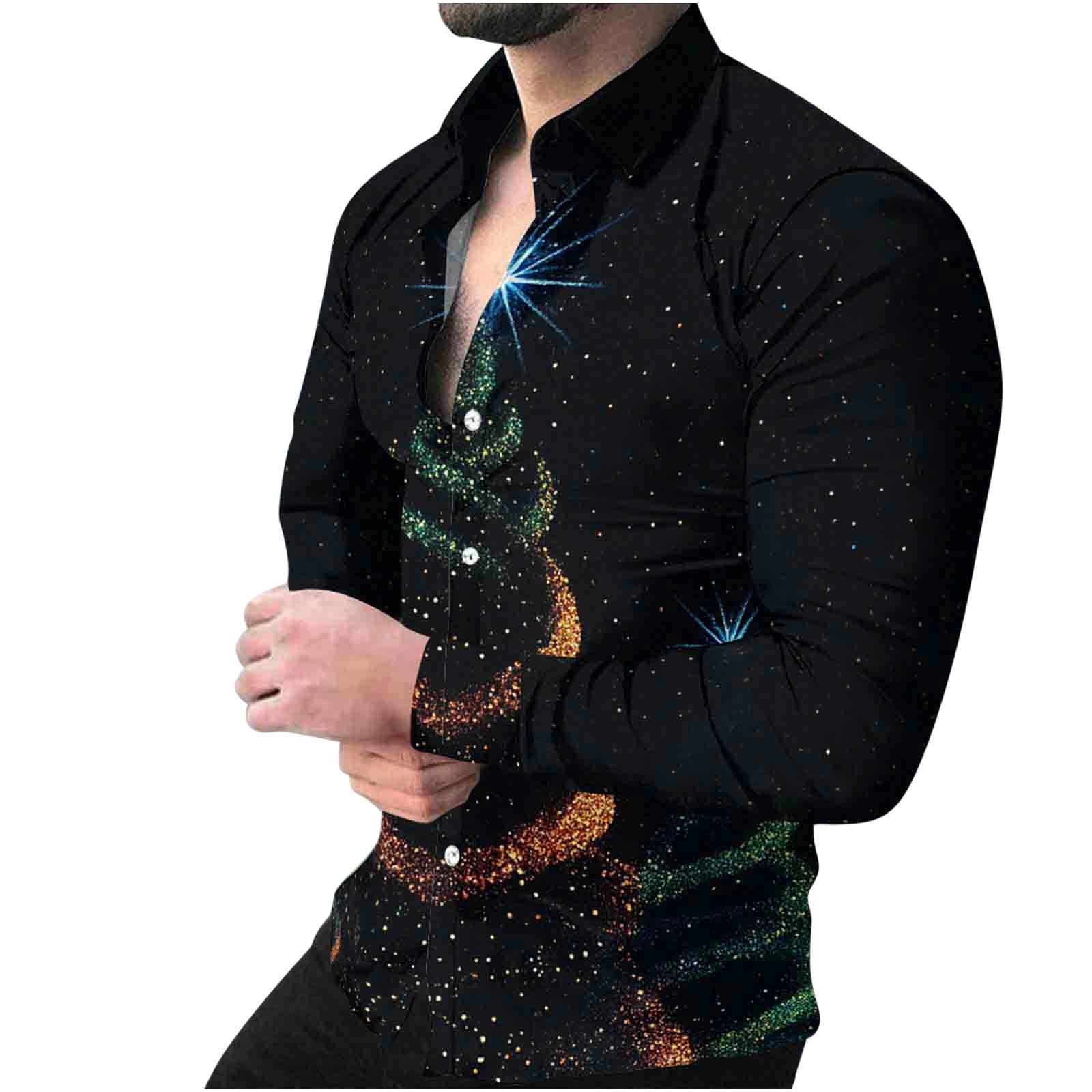 DiBanGu Men’s Christmas Button-Down Shirt – Long Sleeve Festive Holiday Shirt, Black With Multicolor Print, XX-Large
