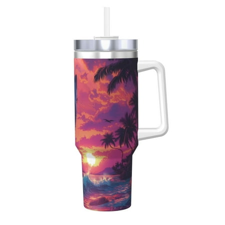 

Cauagu Hawaiian Island Beach Shark Print Stainless Steel Vacuum Insulated Tumbler 40oz Water Bottle with Handle & Flip Straw Reusable Travel Coffee Mug for Women & Men