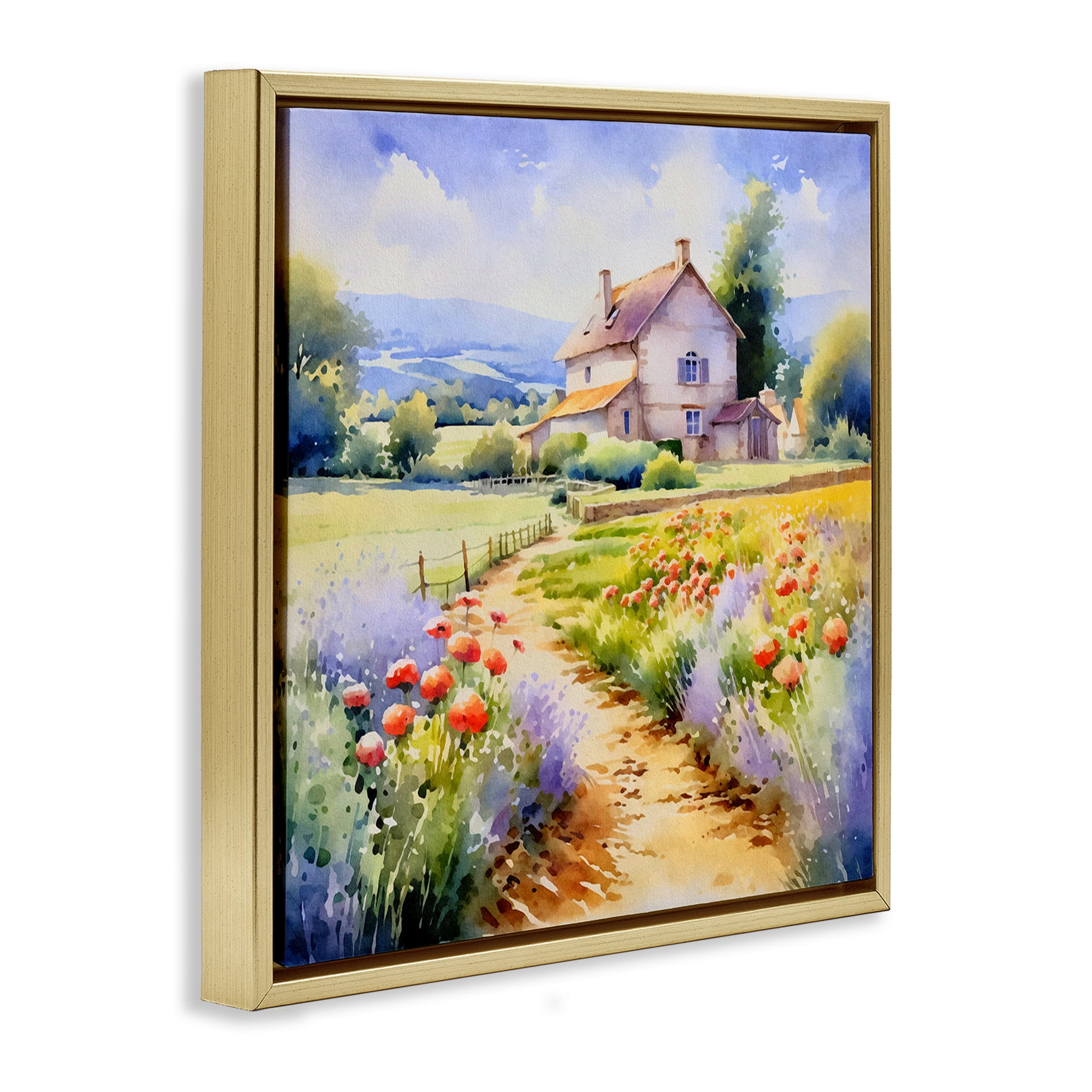 Stupell Industries Provence Cottage Gardens Landscape & Nature Painting Gold Floater Framed Canvas Art Print Wall Art, 18 x 18