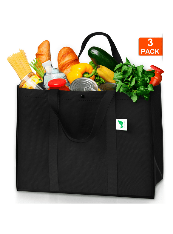 Reusable Grocery Bags (3 Pack, Black) - Hold 50+ lbs - Large & Super Strong, Heavy Duty Shopping Bags - Grocery Tote Bag with Reinforced Handles & Thick Plastic Support Bottom
