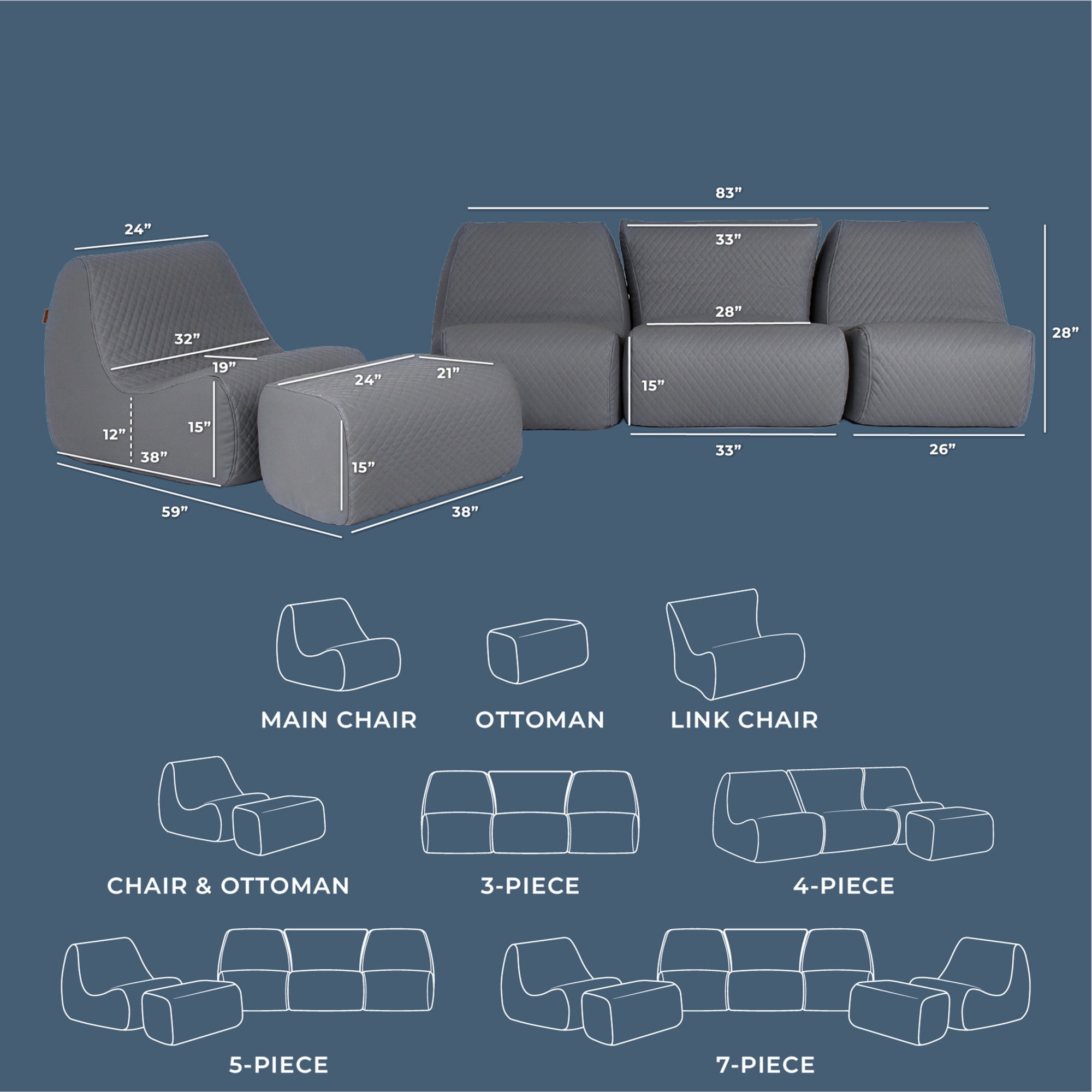 Big Joe Solvana Outdoor Sectional, 5 Piece Patio Furniture Set, Weather-Resistant Cool Touch Silicone Stitched Leather Sofa, Moonlit Gray