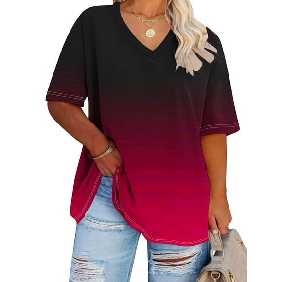 Cutuoiiu Plus Size Shirts for Women Summer V Neck Solid Color Oversized Tops Gifts