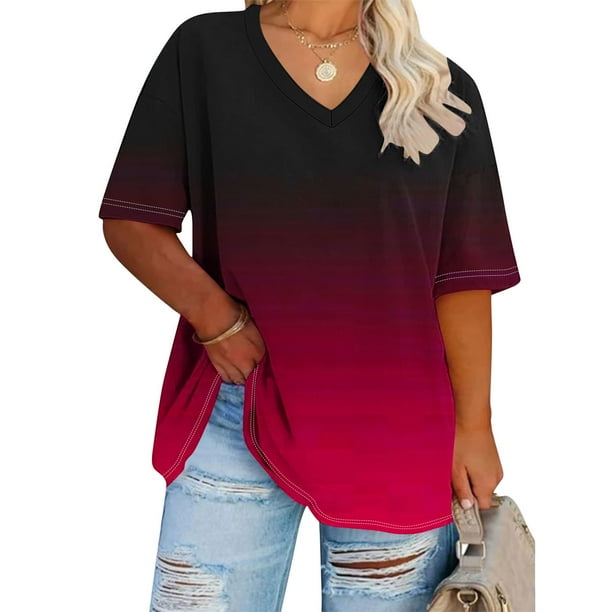 Cutuoiiu Plus Size Shirts for Women Summer V Neck Solid Color Oversized Tops Gifts