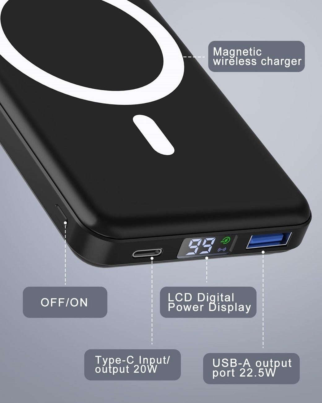 Wireless Portable Charger, 10000mAh Magnetic Power Bank LED Display 22.5W PD Fast Charging Battery Pack for iPhone 16/15/14/13/12/Mini/Pro/Pro Max-Black