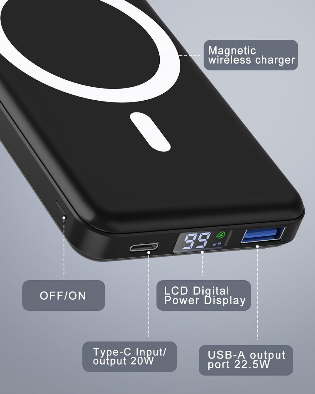 Power Bank Magnetico 10000mAh Con Ricarica Wireless – Porte USB-C E USB, PD 22.5W, Per IPhone 16/15/14/13/12, Carica Anche Orologi E Cuffie