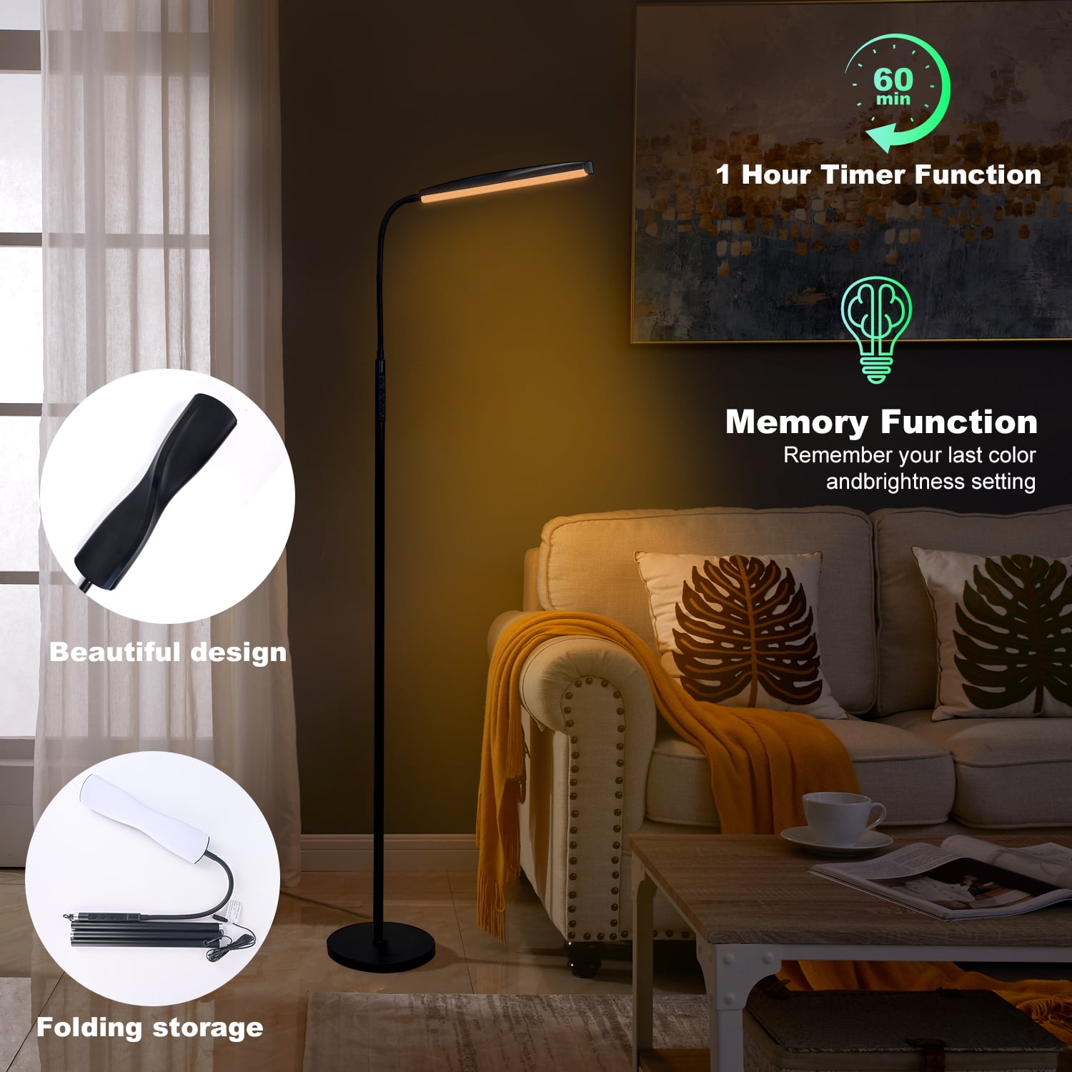Govvep LED Floor Lamp with Flexible Gooseneck and Touch Sensor with Remote Control for Living Room, Bedroom, Office