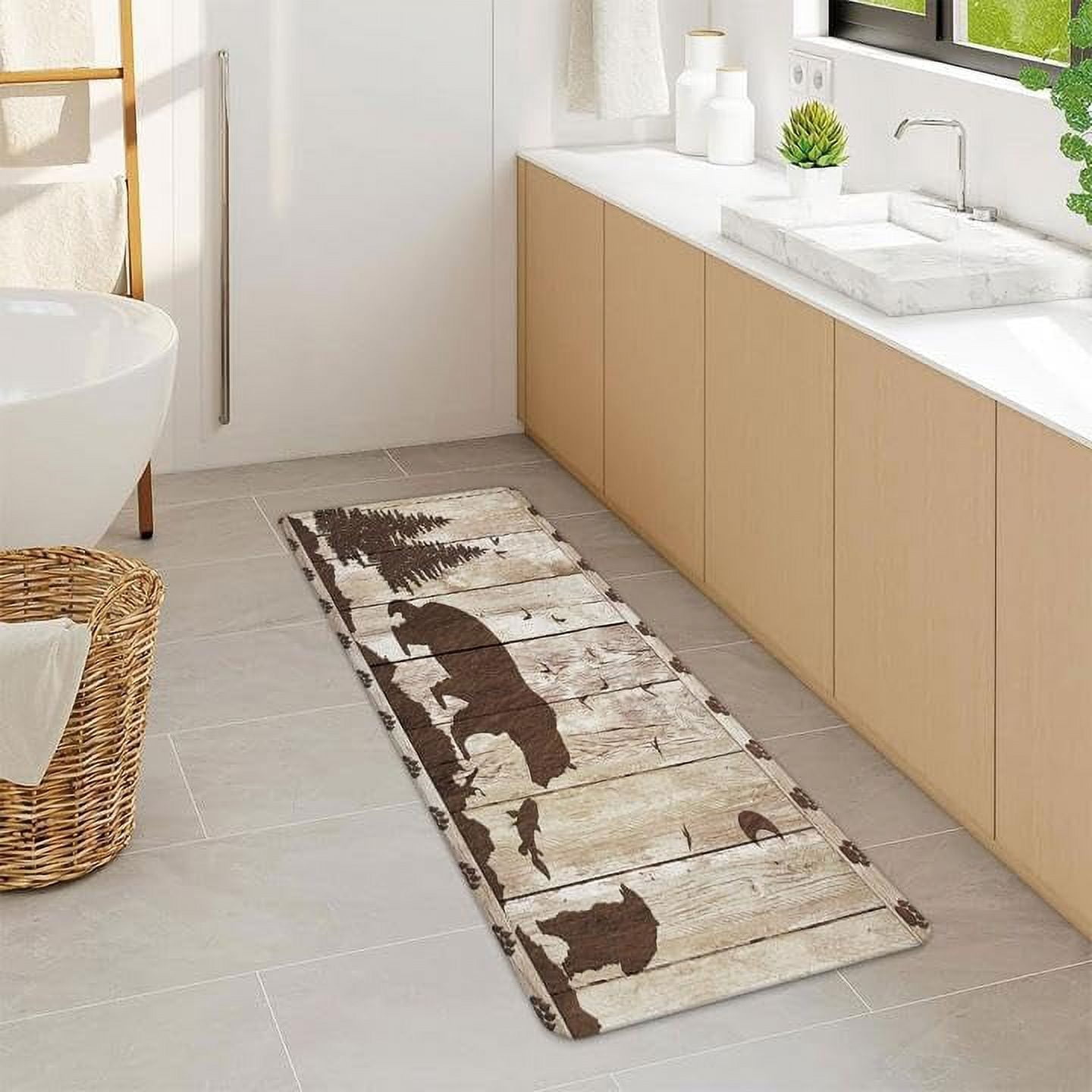 Rustic Cabin Lodge Bear Bathroom Rug, Forest Animal Vintage Wooden Country Farm Wildlife Bath Mat, Farmhouse Bathroom Mat for Kitchen Bathroom Floors…