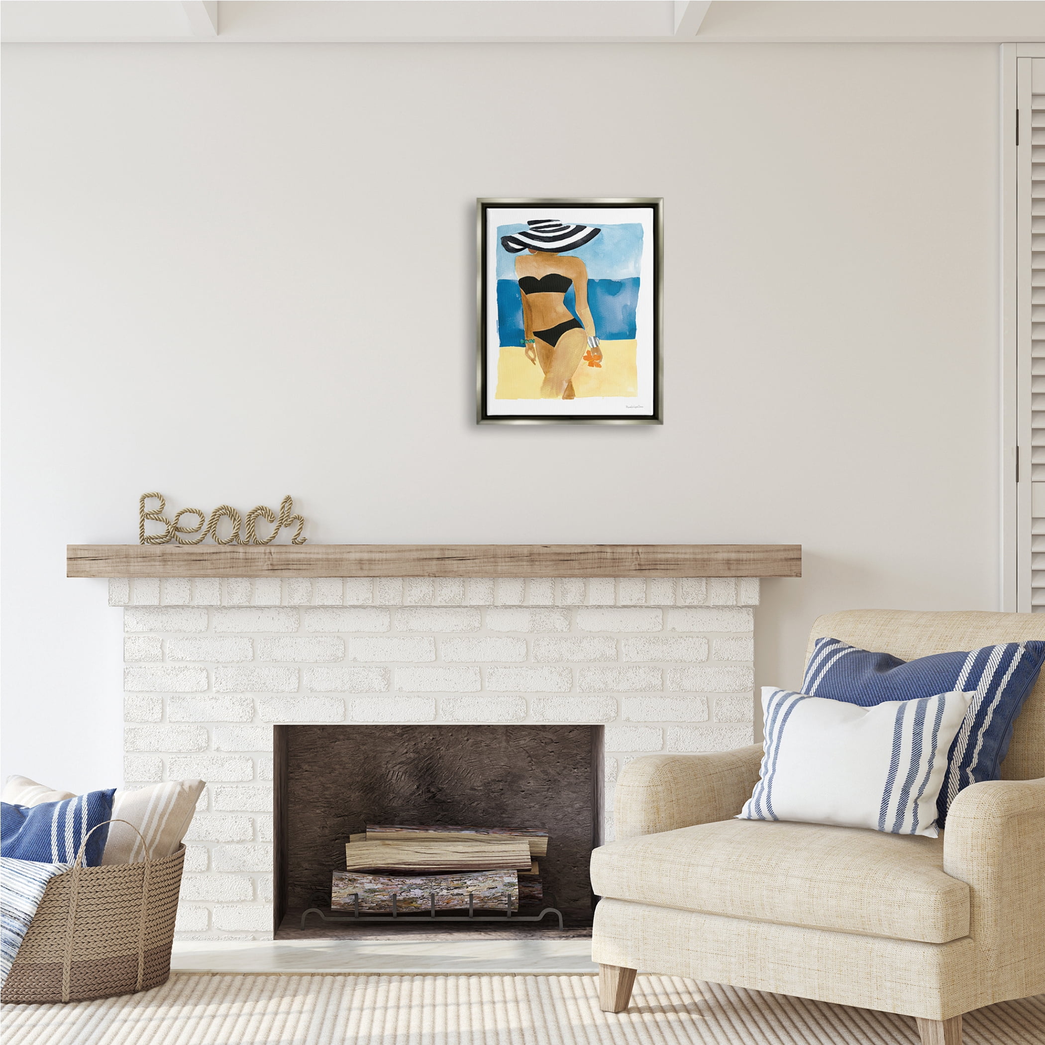 Stupell Industries Girl on Beach Painting Nature Painting Gray Floater Framed Art Print Wall Art, 17 x 21