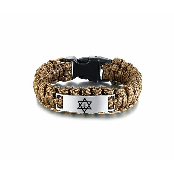 Israel Menorah Judaism Hebrew Jewlery Star of David Hexagram Handmade Survival Paracord Cuff Bracelet Bangle for Men Jewish Gifts, 9 inches, Brown