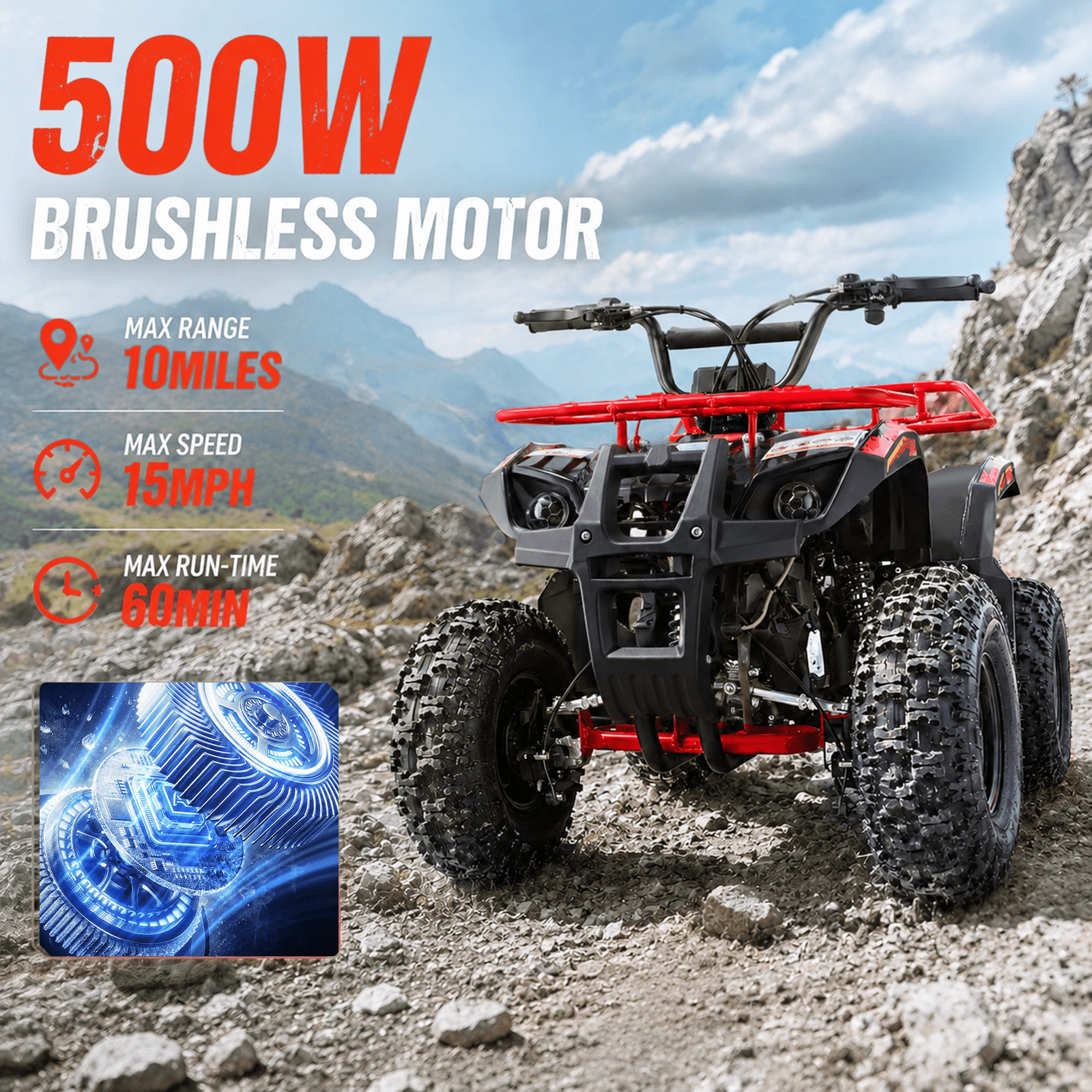 HOVER HEART Electric Dirt Quad, 36V 500W 4-Wheeler, Dual Suspensions, Age 13+