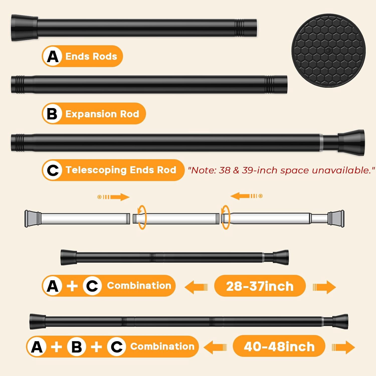 FRKSMD-2 Pack Adjustable Tension Rods 28-48 Inch - Black No-Drill Curtain Rods for Windows & Closets | Spring-Loaded with Non-Slip Rubber Ends | 7/8" Diameter