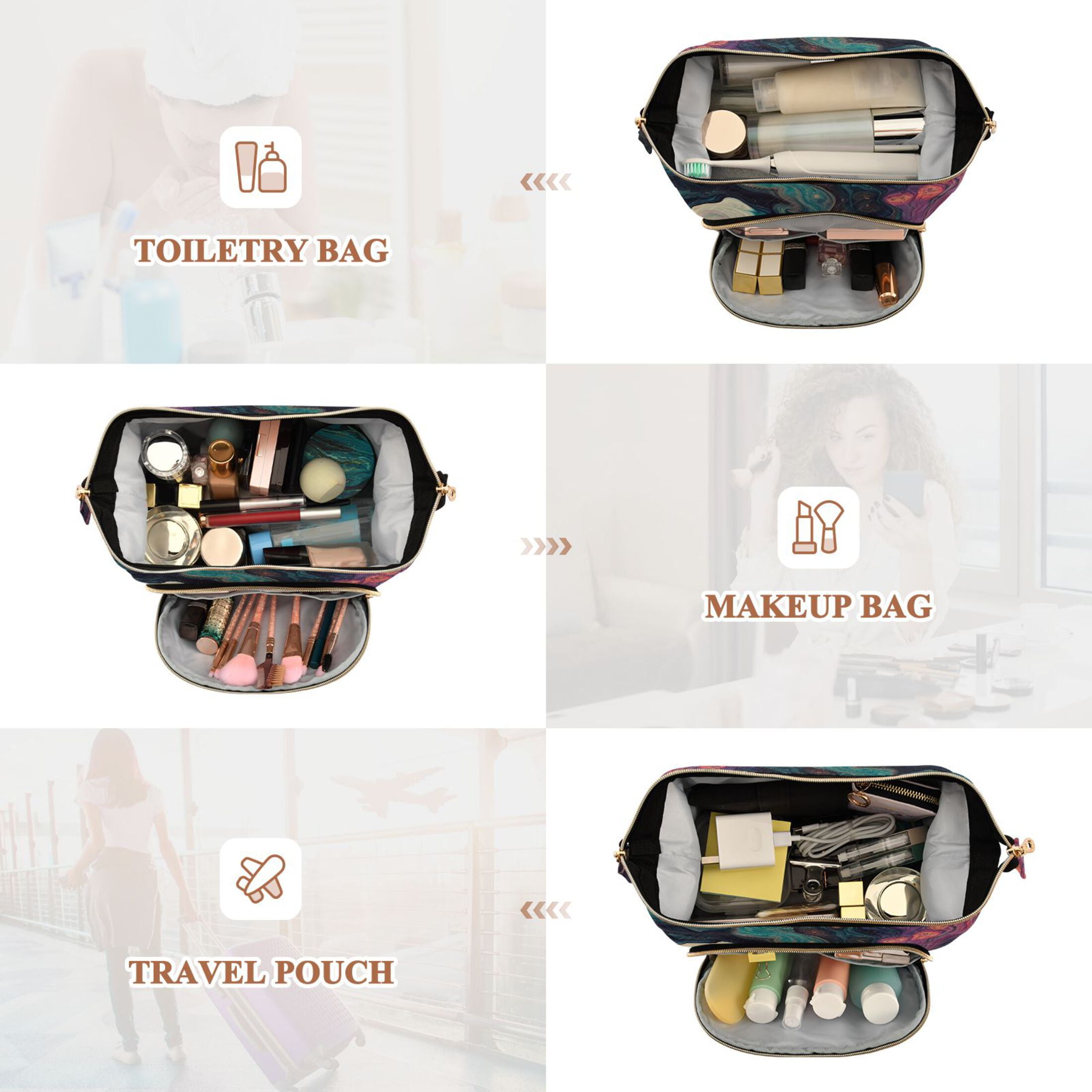 Wavy Quilted Cosmetic Bag Large-Capacity Travel Toiletry Organizer Includes 9-Piece Portable Travel Bottle Set Fluid Abstract Patterns