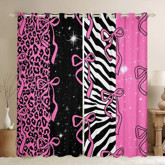 Homewish Girly Pink Fashion Black Out Curtains, Leopard Cheetah Print Curtains Pack of 2 (42x63 Each), Kawaii Cartoon Ribbon Bow Bedroom Curtains, Window Curtains Decor
