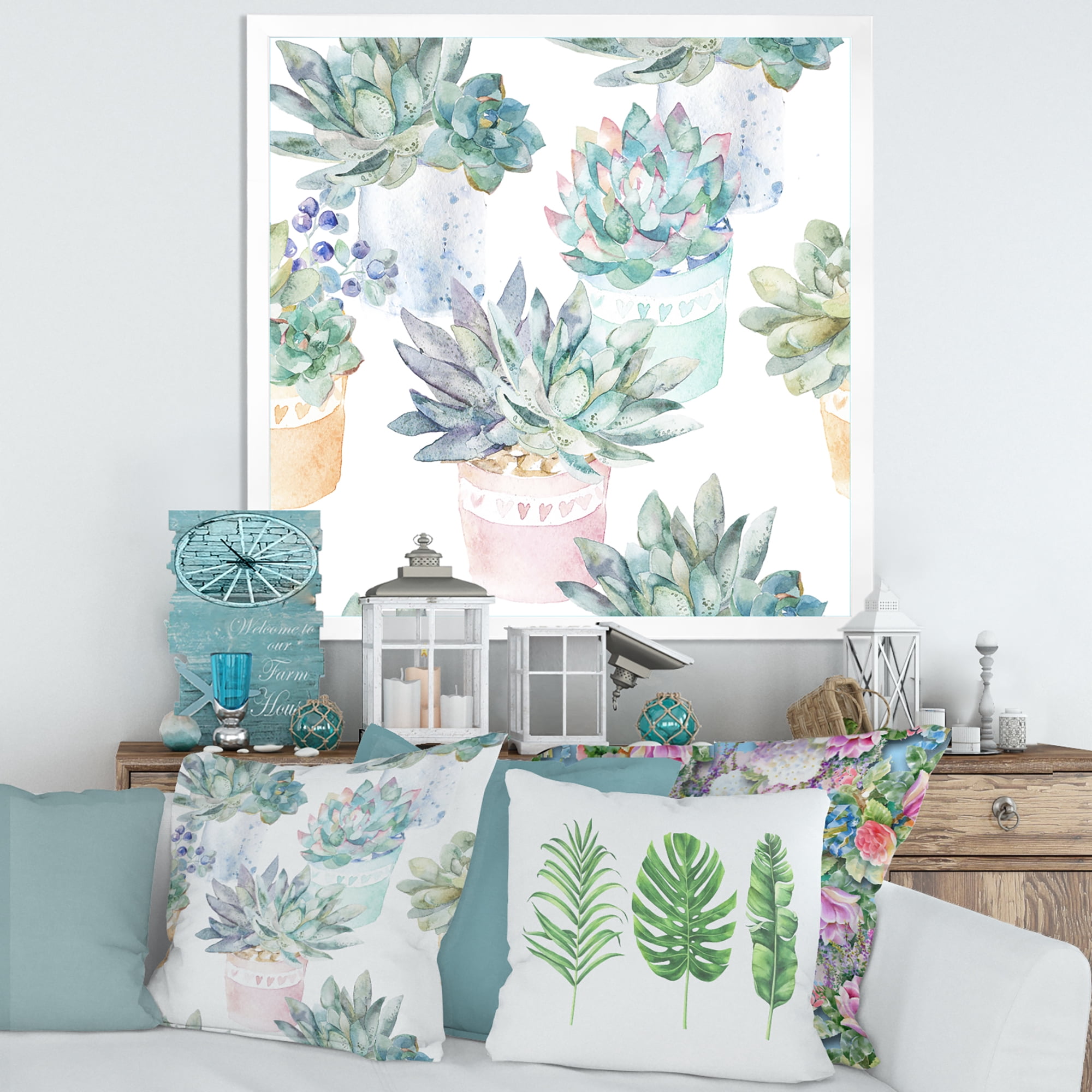 Designart 'Pastel Toned Succulent Housplants in Flowerpots' Traditional Framed Art Print