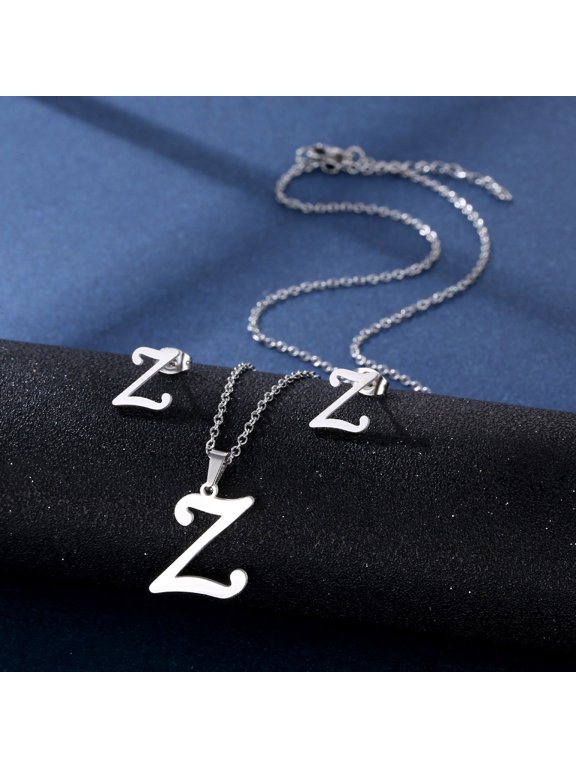 Stainless Steel Pendant Necklace Ear Studs Set Fashion Letter Necklace Adjustable Chain Necklace Present for Man Woman