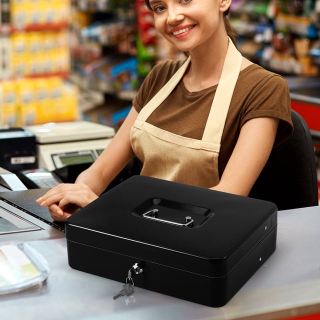 Phenofice 1Set Heavy Duty Cash Box Black Iron Secure Lock Money Safe Box with Divided Cash Trays