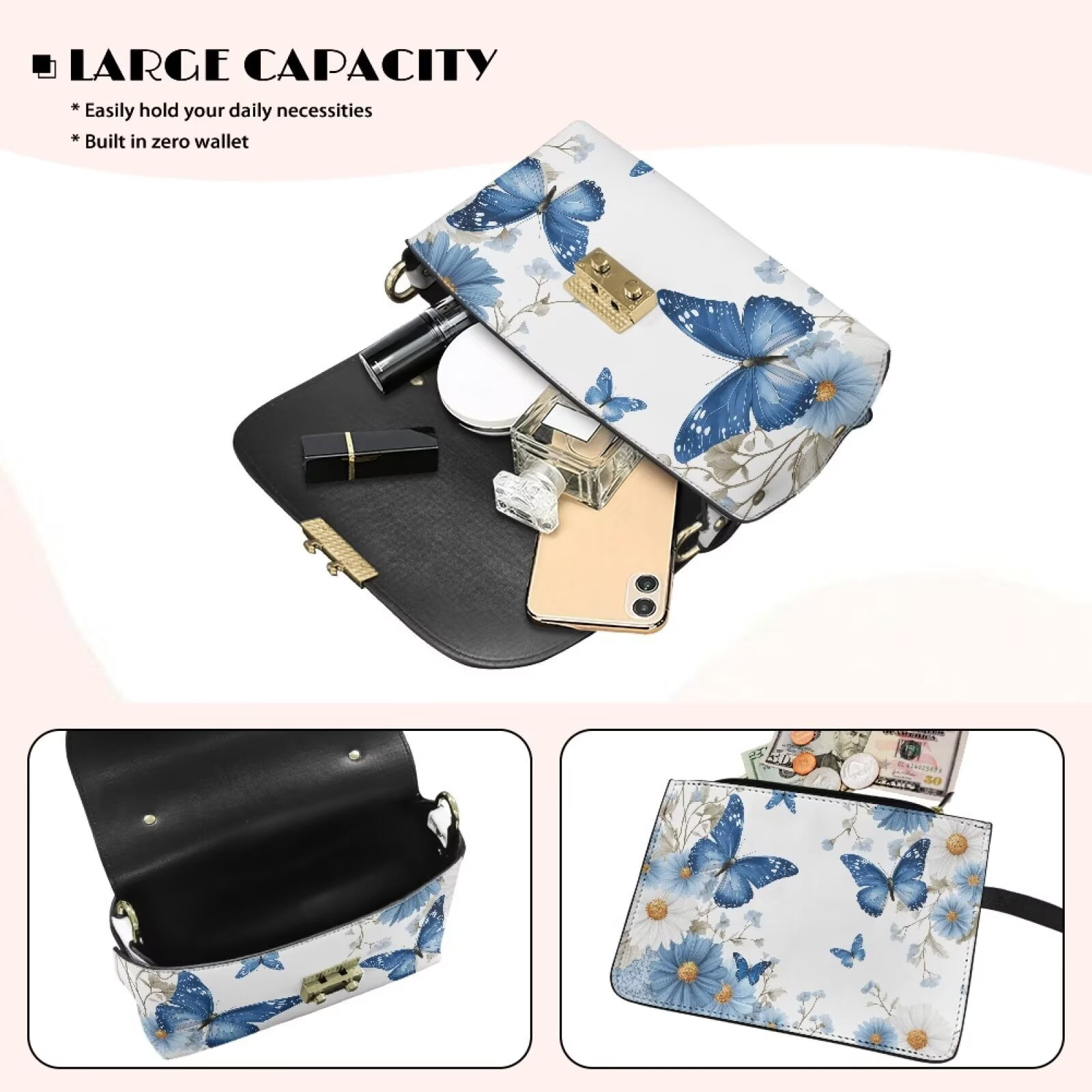 Pzuqiu Butterfly Flower Crossbody Bags for Women Leather Exquisite Trendy Women Leather Crossbody Bag with Chain Craftsmanship Practical Fashion for Daily Life