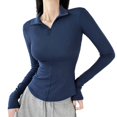 thumbnail image 6 of Tiqkatyck Womens Long Sleeve Shirts, Women's Casual Elastic Long Sleeve Slim Fitting Half Zippered Lapel Solid Color T Shirt Crewneck Sweat Shirts, Women Summer Tops Dark Blue L, 6 of 7