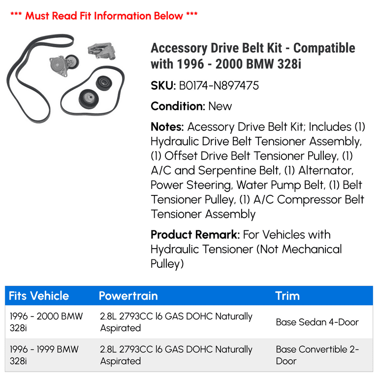 Accessory Drive Belt Kit - Compatible with 1996 - 2000 BMW