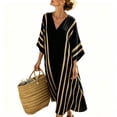 thumbnail image 4 of KHONTS Women's 3/4 Sleeve V-Neck Strip Oversize Linen Maxi Dress Plus Size Loose Long Dresses 01-Black XXXXL, 4 of 6