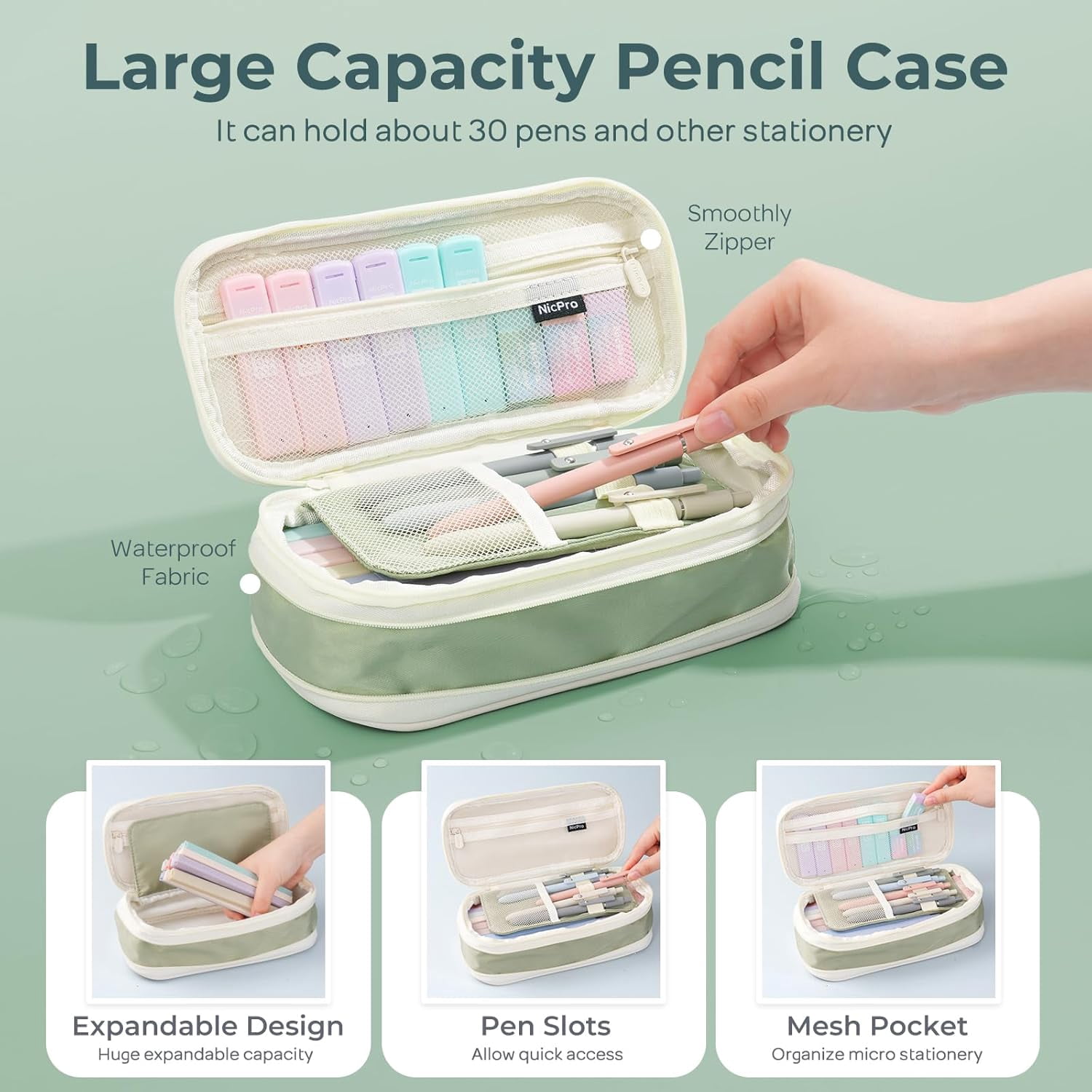Nicpro 50Pcs Aesthetic Supplies with Pen Case, 12 Colors Chisel Tip Cute Highlighters, 5 Quick Dry Retractable Black Ink Pens, 6 Pastel Mechanical Pencil 0.5 & 0.7 & 0.9 & 2.0 mm